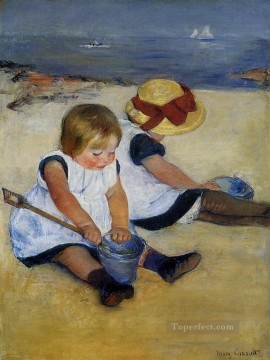 group of children Painting - Children on the Shore impressionism mothers children Mary Cassatt